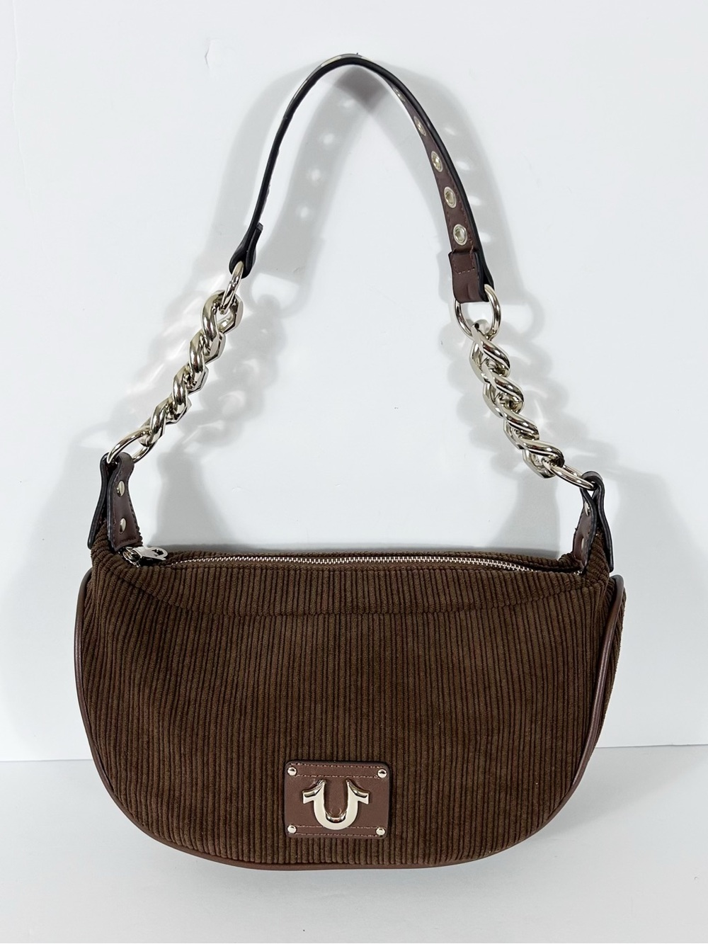 True Religion Brown Corduroy Shoulder Bag Purse Gold Chain Logo Y2K Handbag